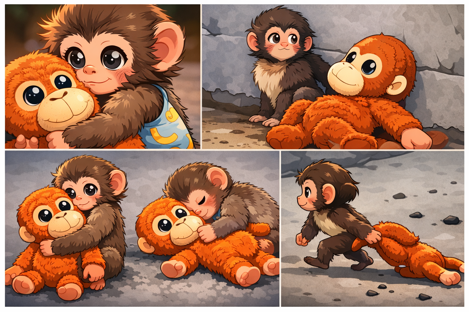 Viral baby monkey Punch hugging a stuffed orangutan toy at Ichikawa City Zoo after being rejected by his mother.