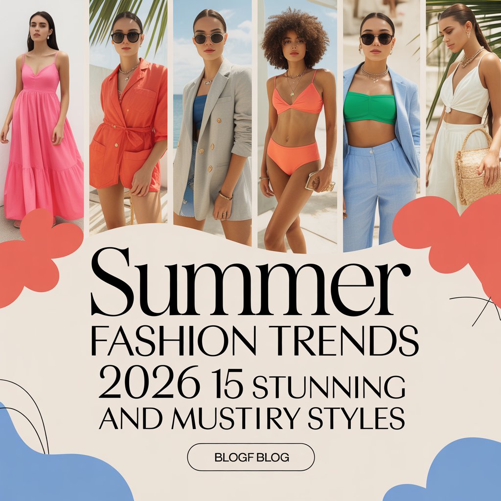 Summer fashion trends 2026 featuring colorful outfits, lightweight fabrics, and trendy accessories for warm weather