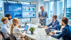 Small business growth strategies concept with rising graph, laptop, and business planning notebook