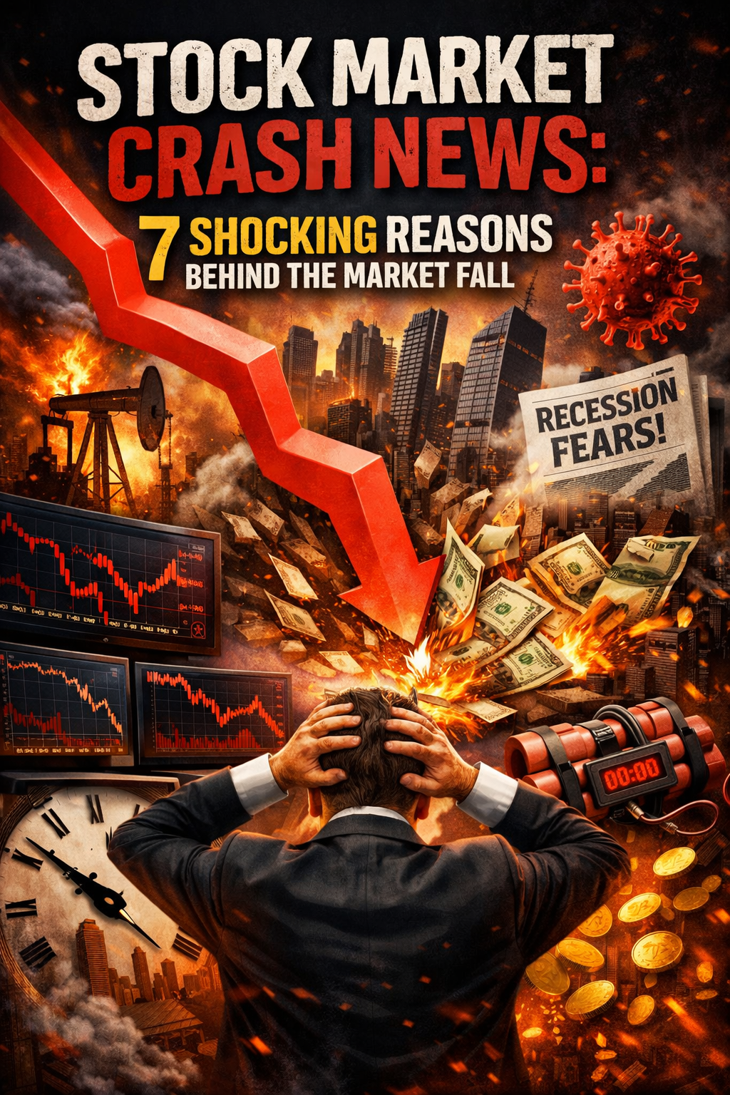Stock market crash news showing falling red stock charts and investor panic on trading screens