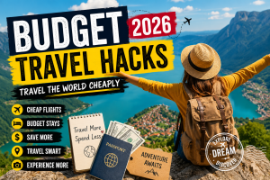 “Budget travel hacks 2026 with backpacker exploring the world cheaply”