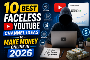“Faceless YouTube channel ideas 2026 with creator workspace and video editing setup”