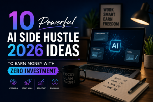 “AI side hustle 2026 zero investment business ideas with laptop and digital tools”
