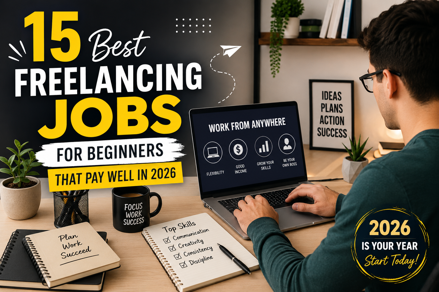 Freelancing jobs for beginners working from home with laptop and online clients