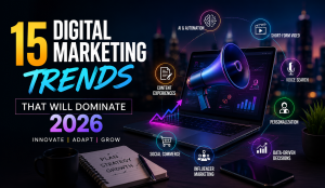 Digital marketing trends 2026 dashboard showing SEO analytics social media email marketing and AI strategy