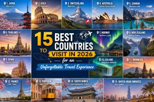 Traveler exploring the best countries to visit in 2026 with iconic landmarks mountains beaches and city skyline