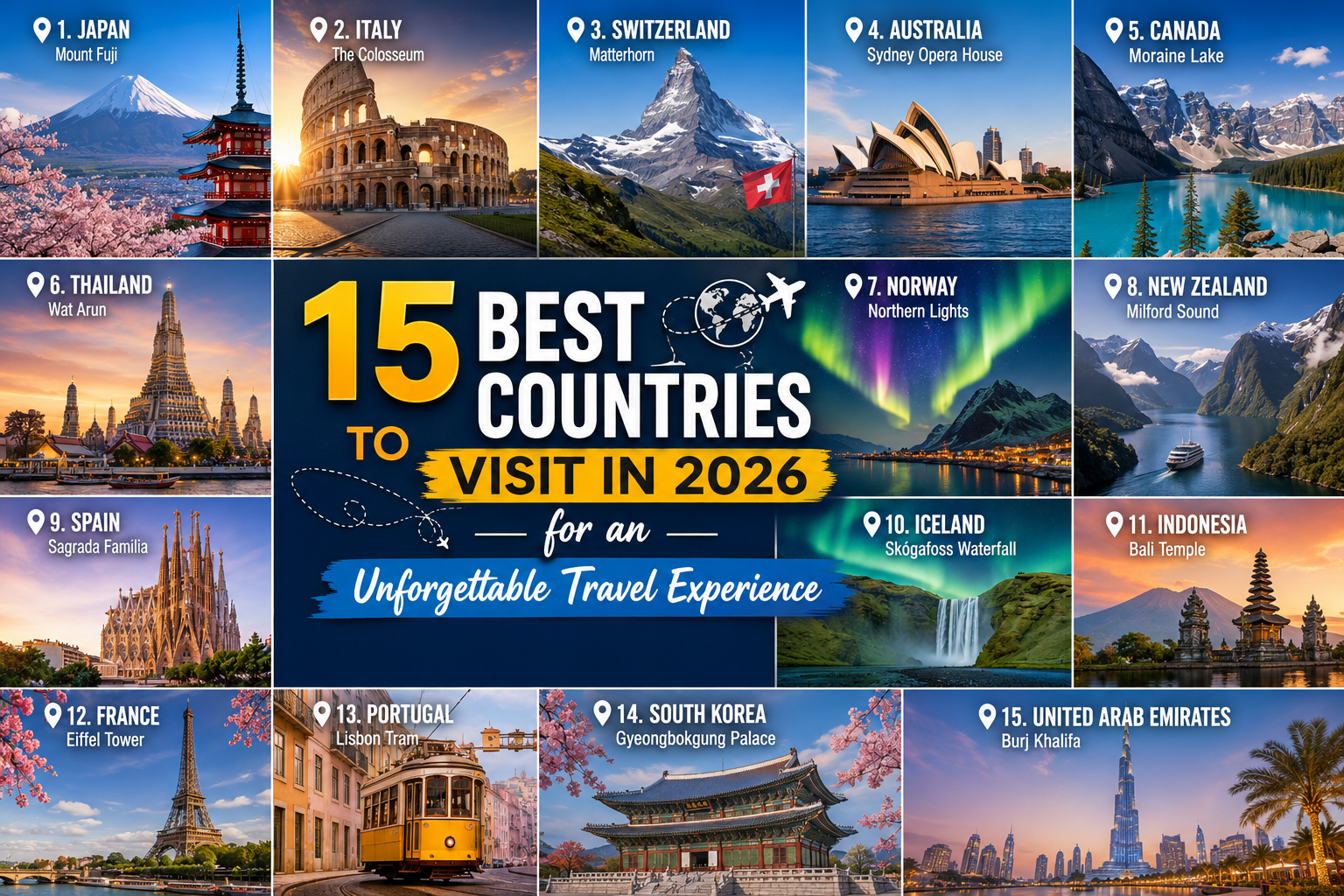 Traveler exploring the best countries to visit in 2026 with iconic landmarks mountains beaches and city skyline