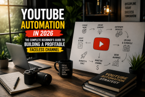 Person managing a YouTube automation channel using AI tools, video editing software, analytics dashboard, and content planning in 2026.