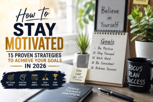 Person writing goals in a notebook while staying motivated with a positive mindset, productivity tools, and a sunrise background.