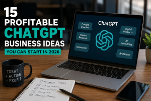 Entrepreneur using ChatGPT to create profitable online business ideas with AI, laptop, analytics dashboard, and digital workspace.