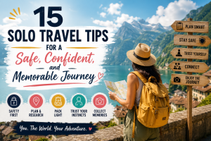 Solo traveler exploring a scenic mountain trail with essential solo travel tips.