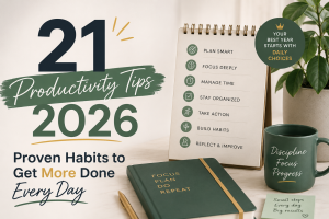 Productivity tips 2026 featuring a professional planning daily tasks in a modern workspace
