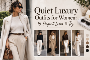 Quiet luxury outfits for women featuring neutral colors and timeless fashion