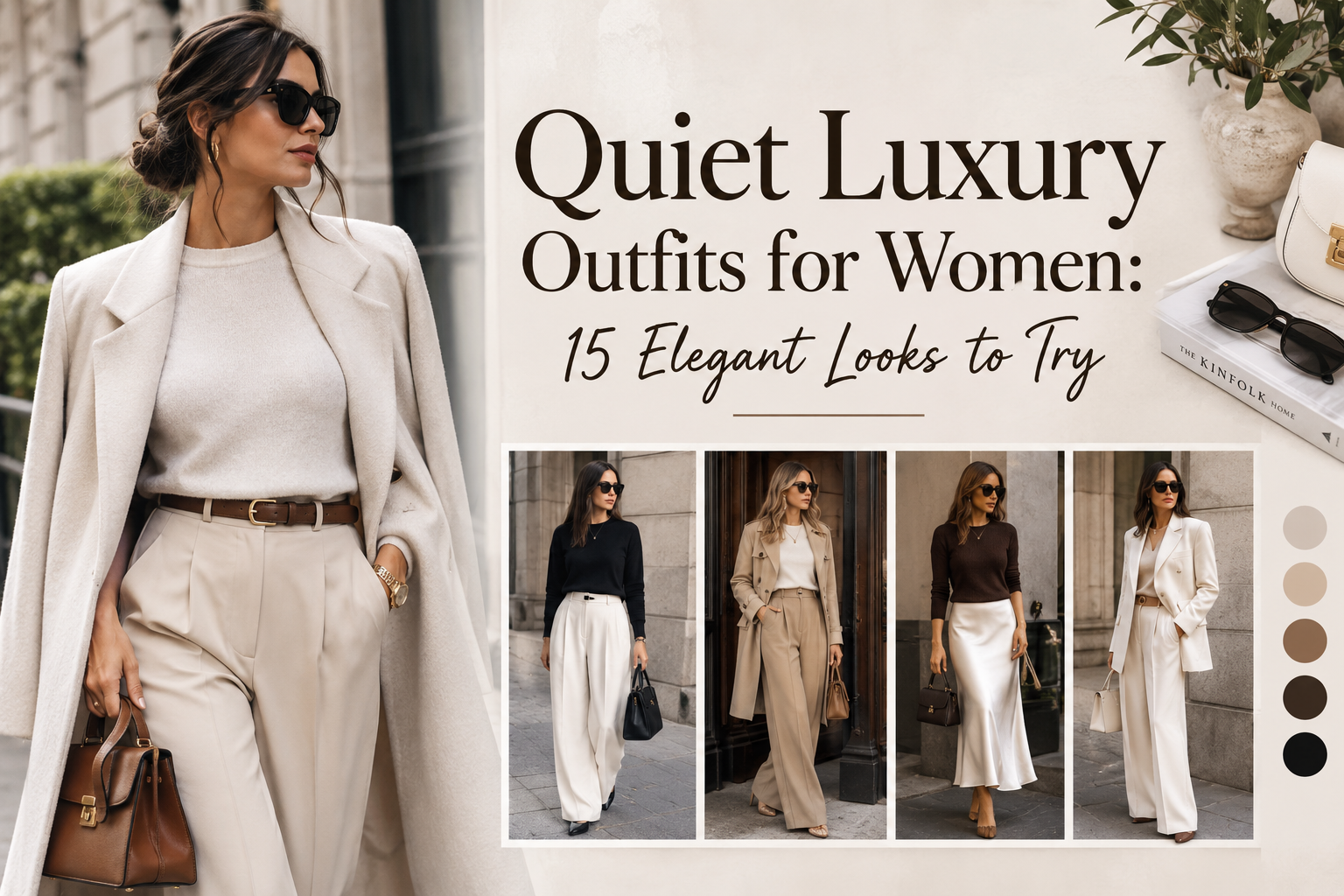 Quiet luxury outfits for women featuring neutral colors and timeless fashion